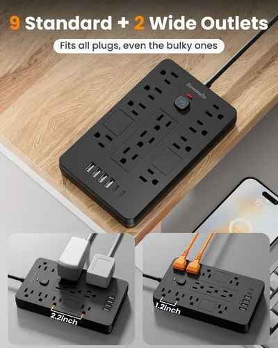 Vista 3 de Regleta de alimentación con protector de sobretensión - 11 tomas de corriente (1850 W/15 A) con 6 puertos USB (2 USB C), extensión de enchufe plano