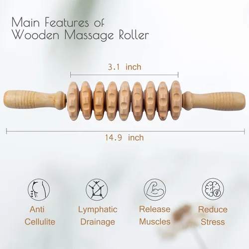 Vista 6 de Rodillo de masaje de madera para dar forma al cuerpo, rodillo de terapia de madera con 9 rodillos giratorios, herramienta de masaje anticelulítica