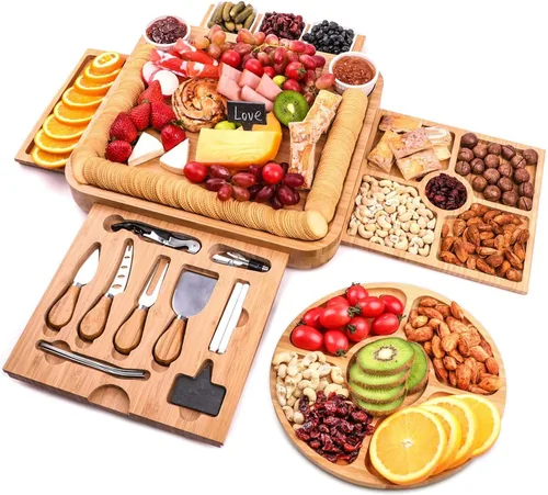Vista 9 de Juego de regalo de tablas de charcutería, tabla de quesos de bambú y juego de cuchillos, bandeja de queso, juego de tablas magnéticas