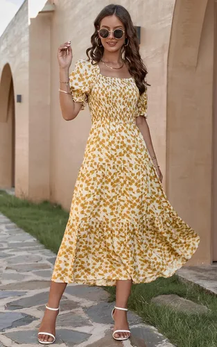 Vista 7 de PRETTYGARDEN Vestidos de verano con estampado floral bohemio para mujer, cuello cuadrado, manga abombada, acampanado, vestido largo casual fruncido