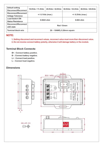 Vista 6 de Módulo de desconexión de bajo voltaje LVD. Bloque de terminales de montaje en panel ABS negro de 12 V/30 amperios