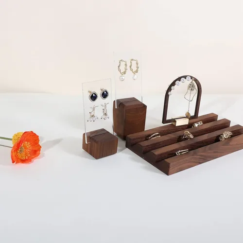 Vista 9 de GemeShou Soportes de exhibición de pendientes de madera de nogal para espectáculos, soporte de aretes acrílico para vender joyas, pequeños soportes