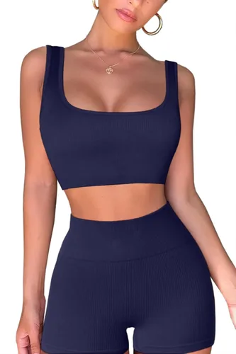 Vista 3 de FAFOFA - Conjuntos de entrenamiento para mujer, 2 piezas, sin costuras, camiseta acanalada sin mangas, pantalones cortos de cintura alta, atuendo