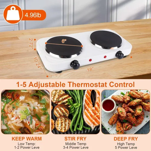 Vista 3 de TeqHome Placa caliente, placa de inducción portátil de 2000 W, quemador doble con control dual y control de temperatura de 5 niveles, fácil