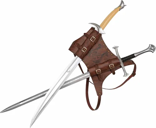 Vista 3 de HZMAN Espada de tótem vikingo medieval, rana ajustable de piel sintética, doble espada, Cosplay Renacimiento LARP
