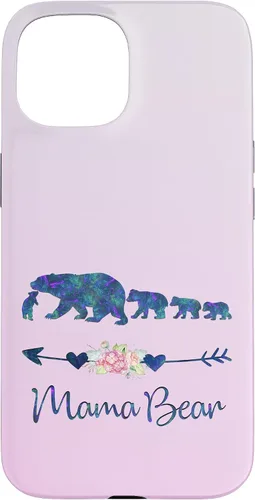Vista 6 de Funda para iPhone 16, diseño floral de mamá oso de cuatro cachorros, color verde azulado y morado