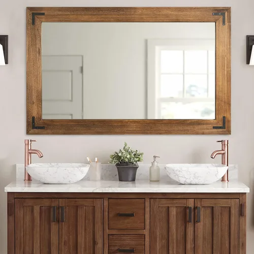 Vista 9 de YOSHOOT Espejo de pared con marco de madera rústica, espejo de tocador de baño de madera natural para decoración de granja, colgante vertical u Negro