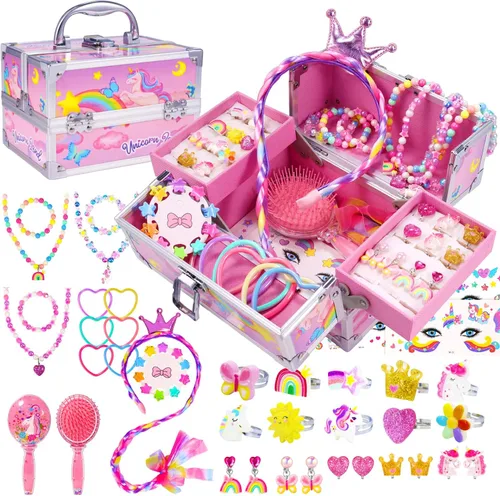 Vista 8 de Conjunto de joyas PinkSheep para niñas con caja, collar de anillo con corona de princesa para niños pequeños, juguete de disfraz, joyería para niñas