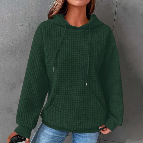 Vista 2 de Ceboyel Sudaderas con capucha de punto gofre para mujer, sudaderas con cordón de ajuste, suéteres casuales de moda, cómodos trajes de otoño