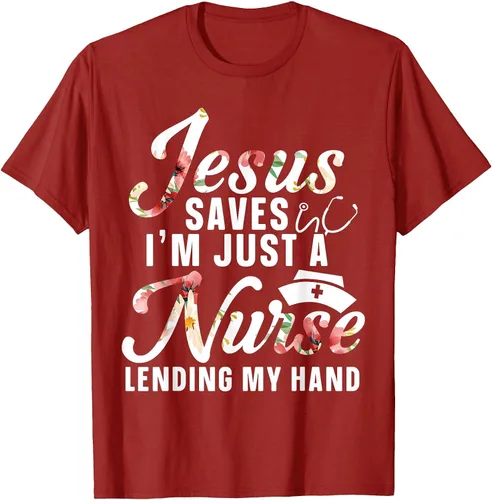 Vista 19 de Jesus Saves I'm Just A Nurse Lending My Hand RN Christian T-Shirt Asphalt Grey