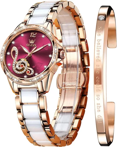 Vista 7 de OLEVS Relojes automáticos mecánicos para mujer de cuerda automática, oro rosa, dos tonos, correa de cerámica, esfera de corazón de amor
