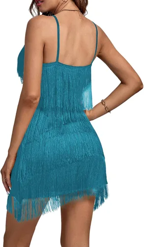 Vista 2 de Umenlele Minivestido sin mangas con flecos en capas y cuello en V profundo para mujer