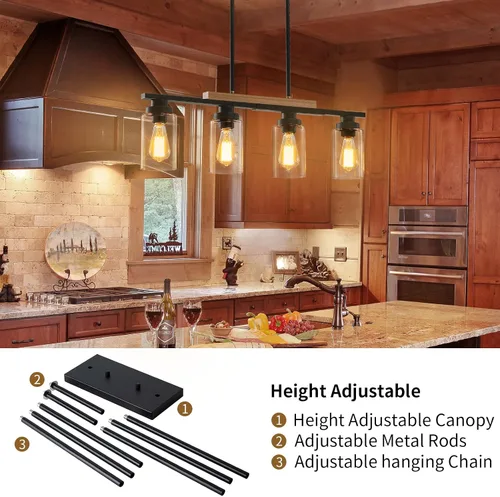 Vista 6 de Lámpara de comedor sobre mesa, iluminación de isla de cocina de 4 luces, modernos candelabros de madera para comedor con altura ajustable, luces