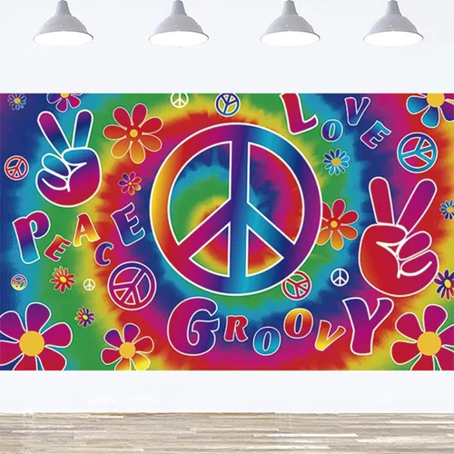 Vista 7 de Cartel de fondo bohemio hippie retro arco iris, 71 x 44 pulgadas, decoración de fiesta de carnaval de los años 60, poliéster, múltiples ocasiones