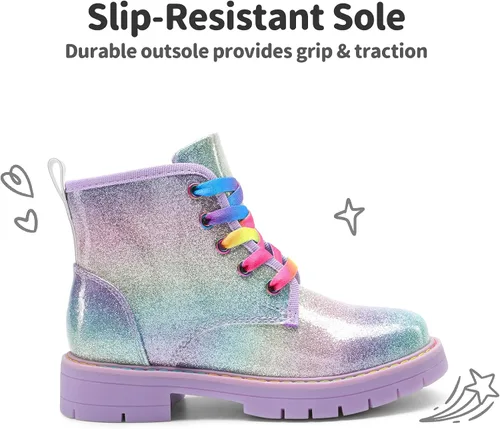 Vista 2 de DREAM PAIRS Botas de tobillo con purpurina para niñas y niños, zapatos de combate con cremallera lateral con cordones (bebéniño pequeñoniño grande)