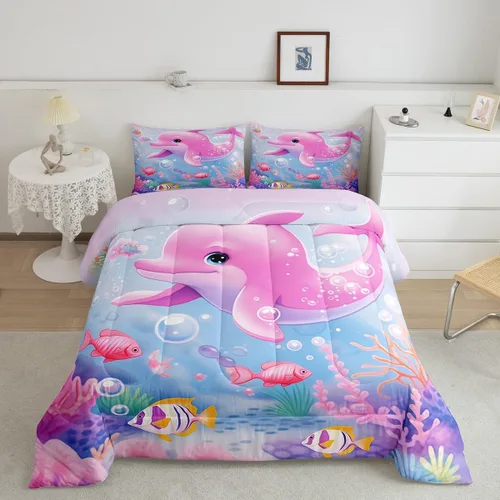 Vista 25 de Erosebridal Juego de edredón de ballena náutica, tamaño individual, juego de ropa de cama vintage azul con ondas oceánicas para niños y niñas