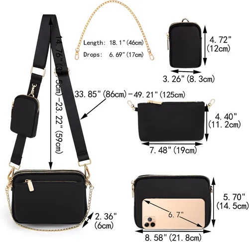 Vista 6 de UTO Pequeñas bolsas cruzadas para mujer, 3 en 1, diseño de moda, mini cangurera con correa