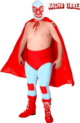 Vista 2 de Disfraz de nacho libre para adultos, disfraz de luchador mexicano con máscara de luchador