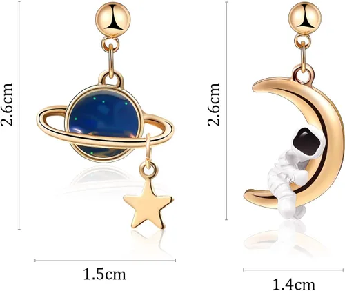 Vista 2 de 4 pares de aretes de astronauta asimétricos de astronauta, estrella y luna, aretes colgantes para mujer