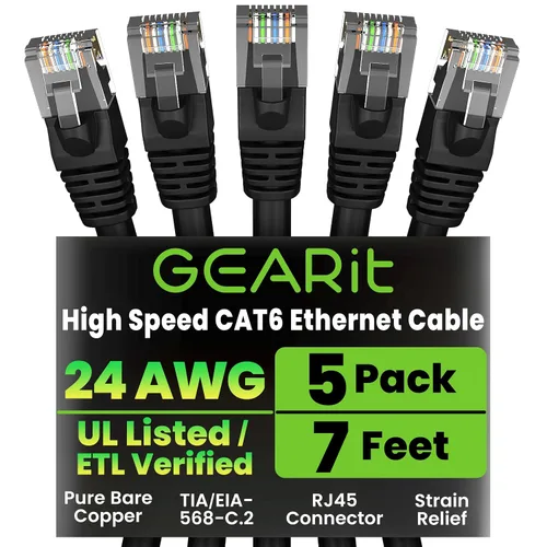 Vista 38 de GEARit Cables de conexión Cat6 de 1 pie negro (paquete de 5) Cables de conexión Cat 6 de 1 pie, cable de conexión negro/Ethernet, 10Gbps 550MHz