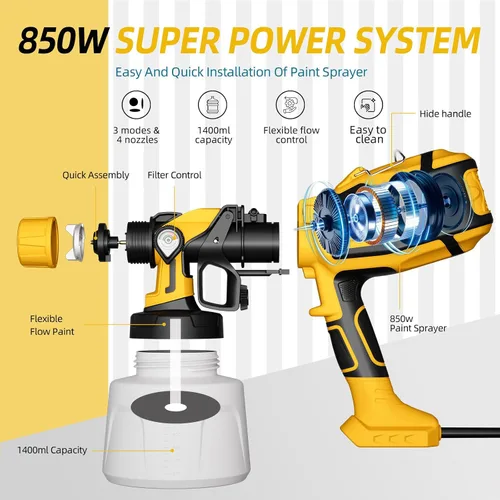 Vista 2 de Pulverizador de pintura, pistola de pulverización HVLP de 850 W con recipiente desmontable de 47.3 fl oz, pulverizadores de pintura eléctricos con 4