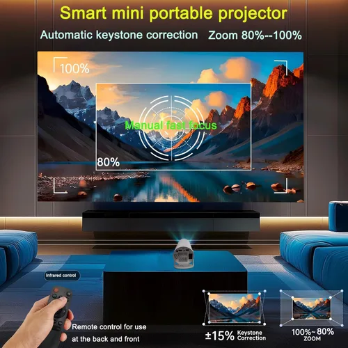 Vista 5 de Proyector HY300 con WIFI6 y Bluetooth, soporte 4K 1080P con Android TV 11.0, mini proyector portátil giratorio 180°, proyector de película auto