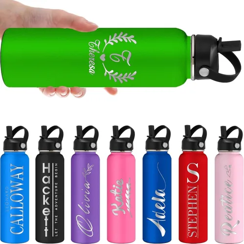 Vista 8 de Botellas de agua personalizadas con tapa de pajilla, botella de agua personalizada de 24 onzas, botella de agua aislada con grabado láser con Morado