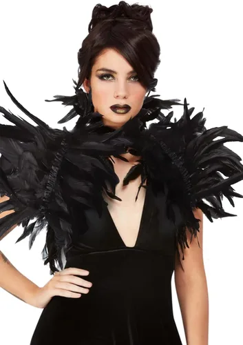 Vista 5 de UQJE Vestido negro de lujo para mujer, disfraz de capa de plumas con cuernos de maléfica