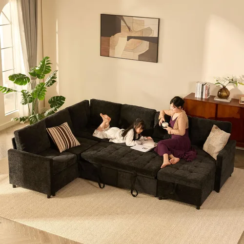 Vista 7 de Sofá cama modular de 107 pulgadas, juego de piezas modulares con cama extraíble, sofá modular en forma de U con almacenamiento, sofás de asiento