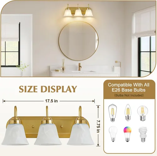 Vista 4 de EJIAXIN Lámpara de baño de 3 luces sobre espejo – Accesorios de iluminación vintage para baño, lámpara de pared fácil de instalar, luces de tocador