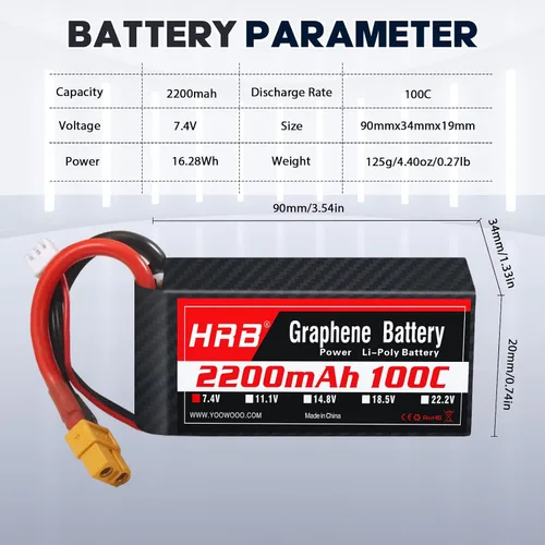 Vista 2 de HRB Graphene 2S 2200mAh Lipo Batería 100C 7.4V XT60 RC Lipo Batería Compatible con RC Car RC Truck RC Boat RC Airplane RC Helicopter (2 paquetes)
