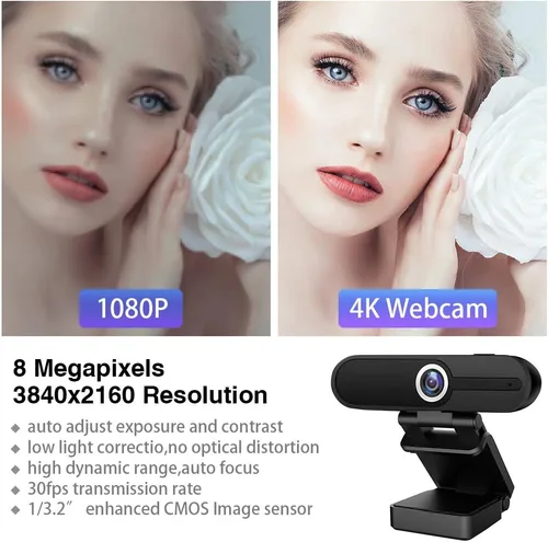 Vista 2 de GoHZQ Cámara web 4K con micrófono y cubierta de privacidad, cámara USB Ultra HD de 8 MP para computadora/portátil/Switch 2, videollamadas Pro