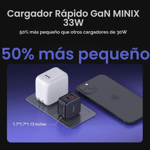 Vista 5 de MINIX P1 Mini Cargador USB C de 30 W, Cargador GaN de 33 W PPS de 2 Puertos con 1 Puerto USB-C, 1 Puerto USB-A con Enchufe Plegable, Compatible