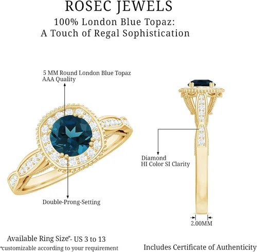Vista 15 de Anillo de compromiso con halo de diamantes de topacio azul londinense certificado, calidad AAA, anillo de diamantes de topacio azul natural
