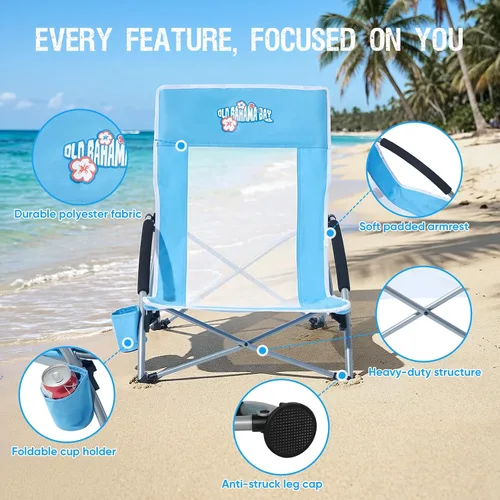 Vista 4 de Old Bahama Bay Paquete de 2 sillas de playa bajas, resistente capacidad de 350 libras, silla de arena plegable ligera con malla transpirable