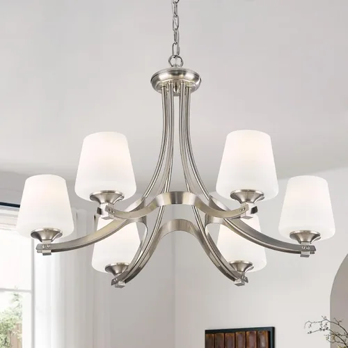 Vista 15 de Lámpara de comedor de níquel cepillado, moderna lámpara plateada con vidrio esmerilado, 3 luces de metal para isla de cocina, lámparas colgantes E26