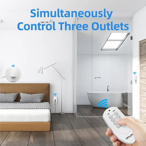 Vista 4 de TiFFCOFiO Enchufe de salida de control remoto, interruptores de luz inalámbricos para interiores, control remoto de rango de 100 pies, 15A/1875W