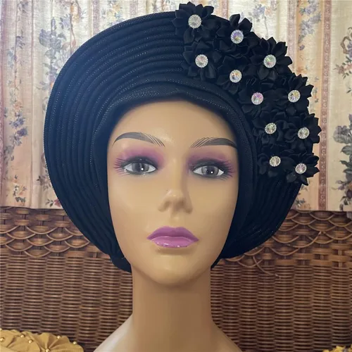 Vista 7 de Turbante africano nigeriano musulmán Headwear Gele Head Wrap Auto Gele Headties Ya Hecho Diadema de mujer para fiesta