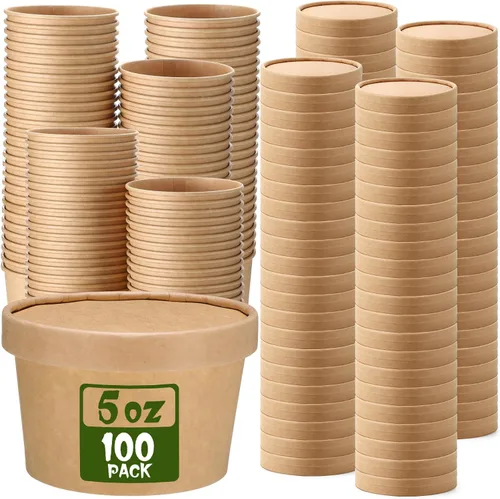 Vista 13 de Fulmoon Paquete de 100 recipientes de papel para sopa con tapas, recipientes de papel desechables para alimentos con tapa ventilada, tazas de postre