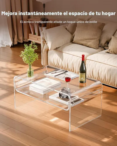 Vista 4 de VEVOR Mesa de centro acrílica, moderna mesa central de cascada con estante de almacenamiento abierto, escritorio rectangular transparente Lucite