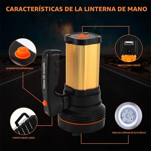 Vista 4 de Linterna led de mano recargable de alta potencia, súper brillante, 9000 MA 6000 lúmenes, CREE Tactical