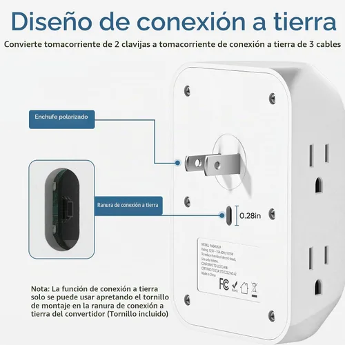 Vista 4 de LENCENT Regleta de alimentación con protector de sobretensiones de 2 clavijas, adaptador de toma de tierra de 2 clavijas a 3 puntas, toma