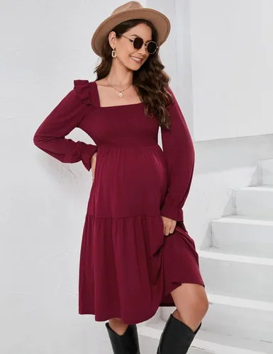 Vista 2 de KOJOOIN Vestido de maternidad para mujer, sin mangas, cuello cuadrado, volantes, casual, bohemio, vestido midi para baby shower, sesión de fotos