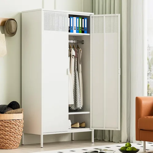 Vista 38 de Gabinete de almacenamiento de metal ancho negro, gabinete de acento de 2 puertas para el hogar y la oficina, gabinete de metal bajo de 2 niveles