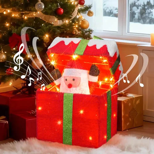 Vista 4 de PEIDUO Papá Noel de Navidad animado en caja de regalo iluminada, luces decorativas de música navideña con sensor de movimiento, decoraciones