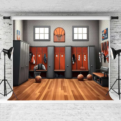 Vista 2 de Fondo de baloncesto para vestuario, 7 x 5 pies, fondo de fotografía de gimnasio con temática deportiva, suministros de fiesta, decoración de club