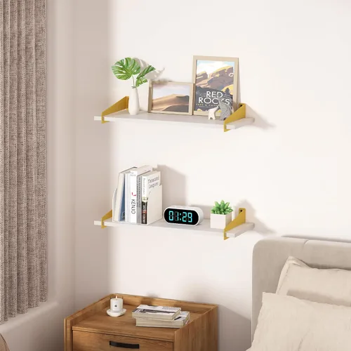 Vista 5 de upsimples Estantes de pared para decoración, estantes flotantes largos de oro blanco para montar en la pared, estantes de madera rústica resistentes
