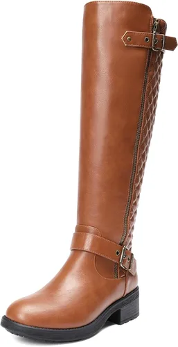 Vista 10 de DREAM PAIRS Botas altas hasta la rodilla para mujer, cómodas, tacón grueso en bloque, punta redonda, cremallera lateral, hebillas de moda para Negro