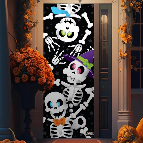 Vista 8 de JOYIN Cubierta de puerta de 30 x 72 pulgadas, decoración de Halloween de esqueleto, decoración del hogar, calcomanías de casa encantada, suministros
