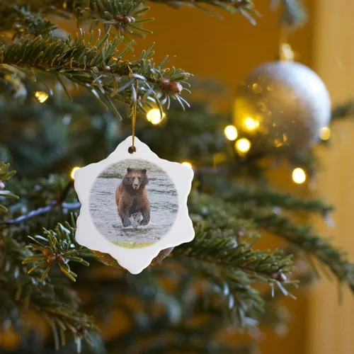 Vista 7 de 3dRose Brown Bear chases After a Salmon 3 inch Snowflake Porcelain Ornament